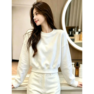 韩系简约圆领纯色卫衣女2026秋季新款白色短款套头百搭上衣极简风