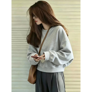 灰色短款无帽卫衣女2026新款纯色韩系秋冬宽松加厚小个子圆领上衣