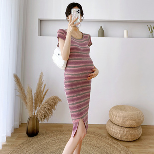 孕妇夏季小个子性感甜辣风撞色条纹短袖侧开叉包臀针织连衣裙潮妈