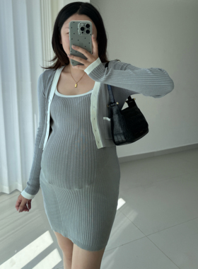 孕妇装纯欲风时尚套装吊带裙小个子少女风拼色针织背心裙两件套