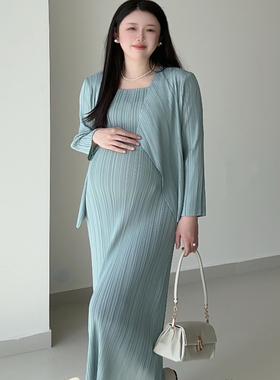 孕妇秋季休闲两件套褶皱风V领纯色修身弹力长袖开衫中长款背心裙