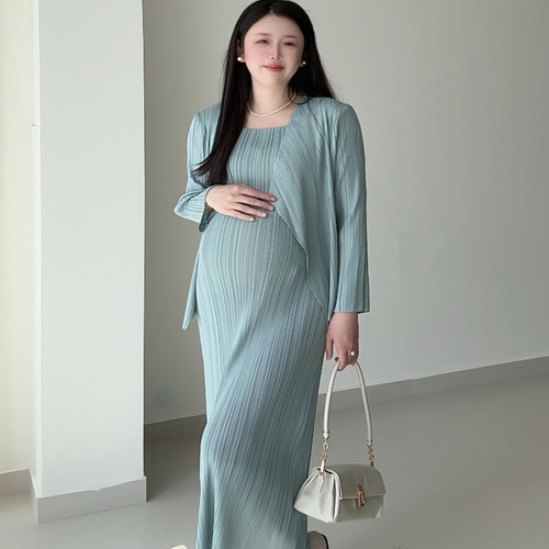 孕妇V领长袖开衫中长款背心裙