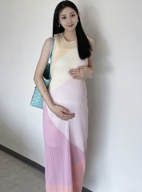 孕妇显瘦背心裙三宅减龄无袖褶皱连衣裙气质透气亲肤收腰遮肉长裙