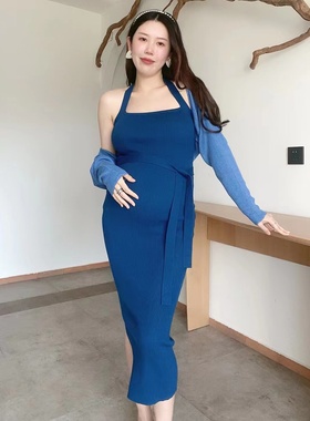 孕妇港风复古针织连衣裙女修身显瘦挂脖露背开叉裙披肩两件套女