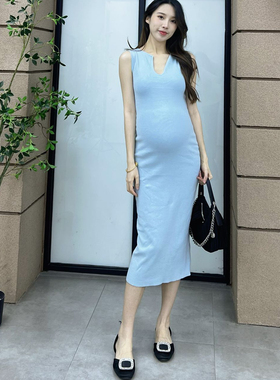 孕妇夏法式复古纯色U领背心裙优雅修身遮副乳开叉直筒内搭连衣裙