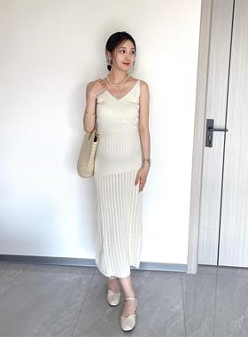 孕妇春夏露背吊带裙纯欲气质白色镂空麻花v领内搭连衣裙包臀A字裙
