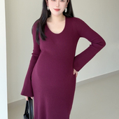 孕妇装 坑条收腰显瘦气质针织连衣裙辣妈 深U领喇叭袖 修身 长裙春季