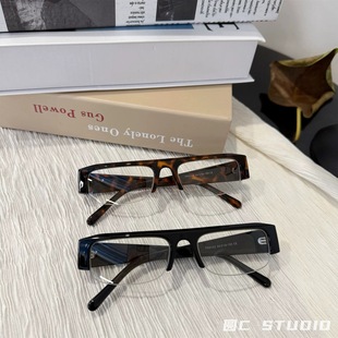 欧美复古眉线方框斯文眼镜架女近视可配高度数半框豹纹素颜平光镜
