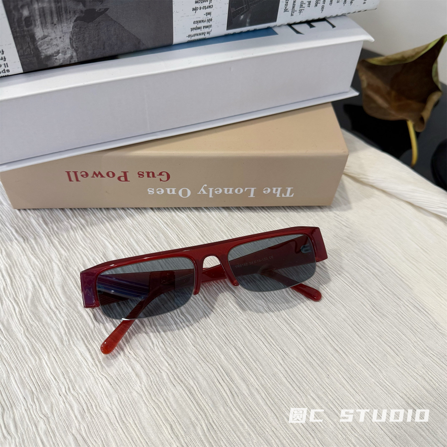 韩版复古红色墨镜女潮方形半框氛围高级网感显瘦太阳镜男防紫外线