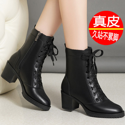 马丁单靴女春秋系带高跟短靴牛皮