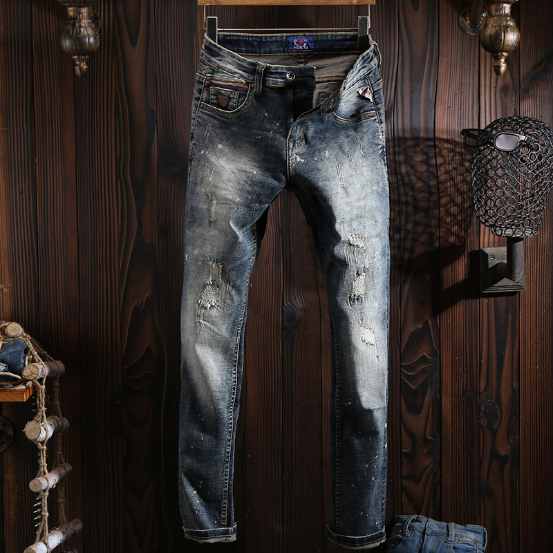 春秋潮流修身牛仔裤男小直筒个性复古泼墨刮烂补丁青年高弹力做旧