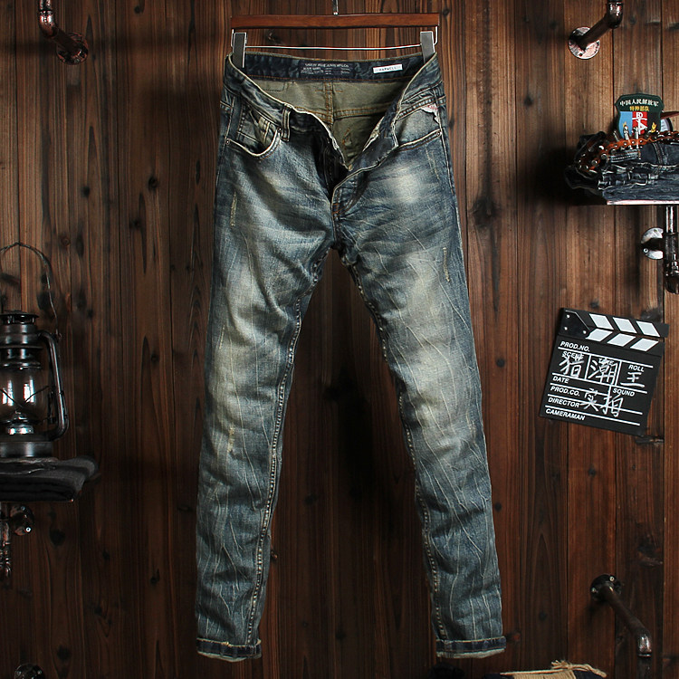 春秋欧美风潮牌复古做旧水洗黄青年时尚刮烂个性修身小脚牛仔裤男