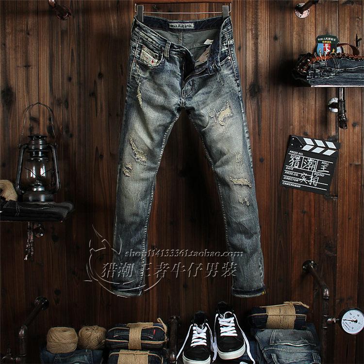 复古破洞牛仔裤男补丁水洗青年潮牌个性刮烂修身做旧美式小脚长裤