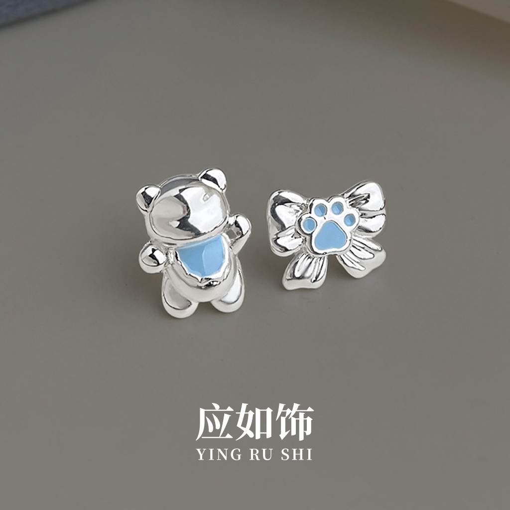 【原创】可爱小熊蝴蝶结银色耳饰