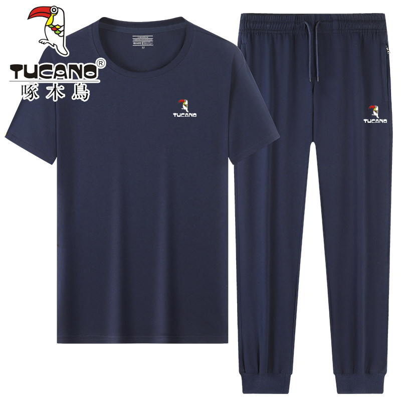 啄木鸟2026夏季男士纯棉短袖长裤运动休闲套装宽中老年健身跑步服