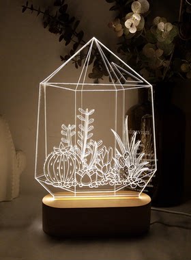 北欧宜家风仙人掌玻璃花房愈疗3D小夜灯 小清新日系卧室装饰台灯