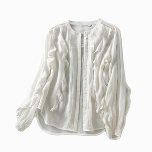 早春新款美貌实穿打底衫又仙又美立领镂空荷叶边白色衬衫小上衣女