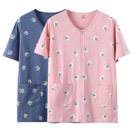 老年人纯棉开衫睡衣女夏薄款短袖家居服妈妈全棉大码宽松上衣单件