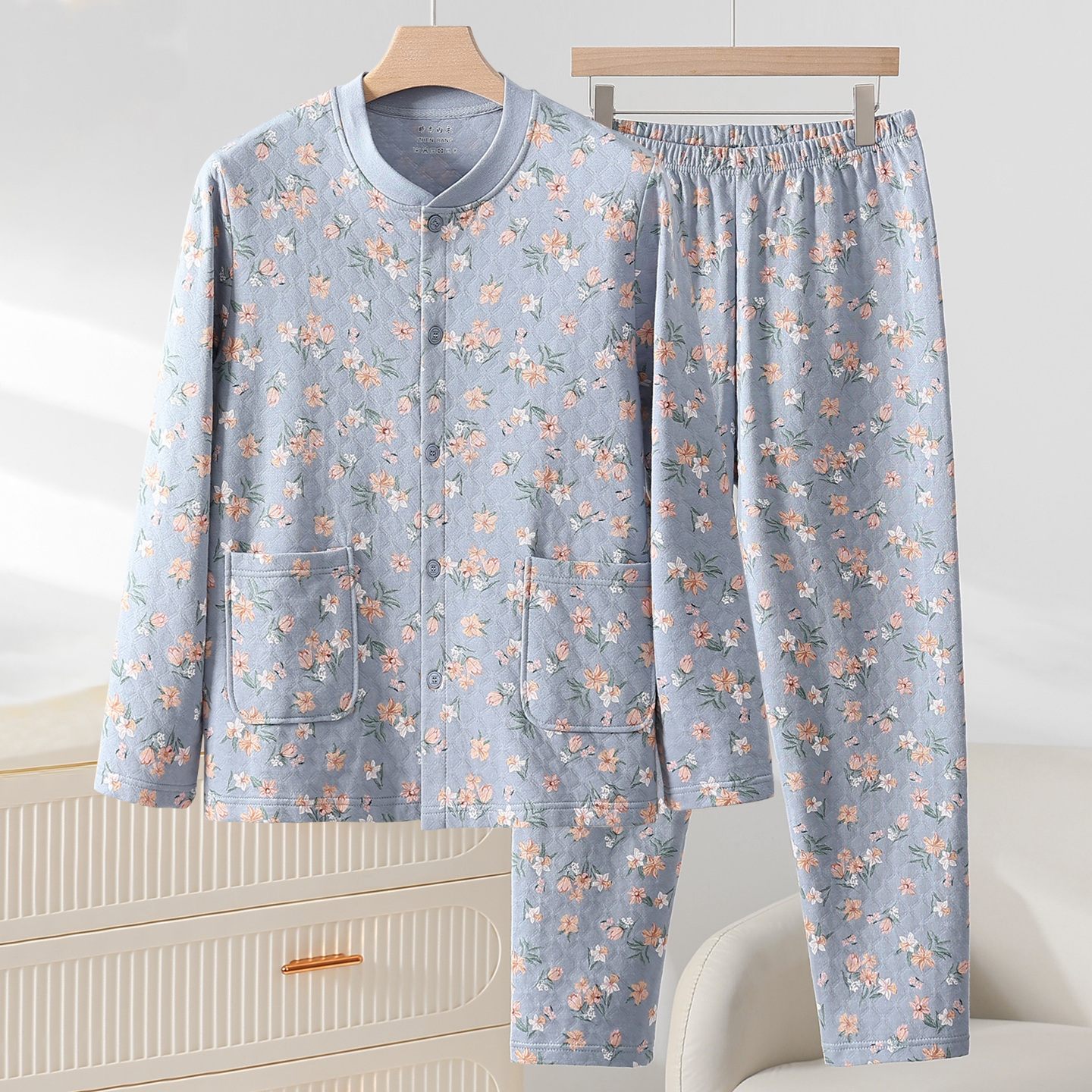 中老年人三层保暖内衣家居服套装