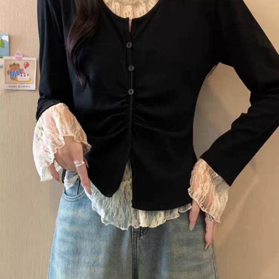 2025春季ins大码休闲高级感蕾丝假两件长袖t恤女打底衫超模裤套装