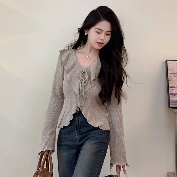 2024秋季新款系带法式小衫胖mm显瘦宽松长袖上衣微喇牛仔裤套装女