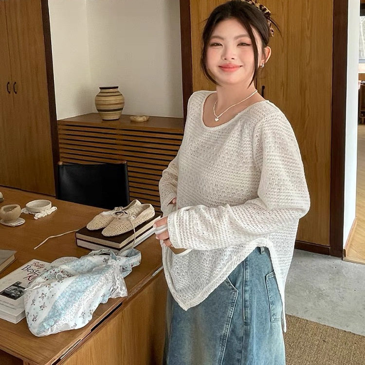 韩系chic别致穿搭白色针织镂空罩衫大码胖mm女装春夏款设计感上衣