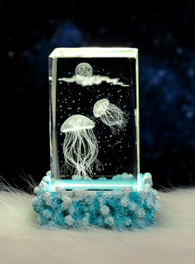 海洋动物系列水母海豚水晶方柱小夜灯桌面摆件玻璃工艺电视柜装饰