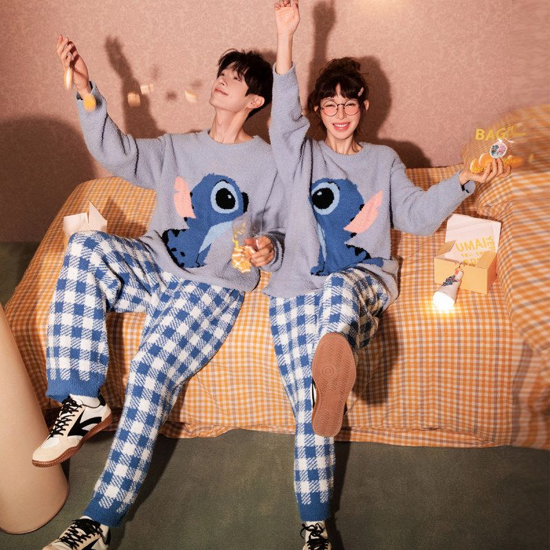 2025【蓄热型】联名款史迪仔情侣睡衣女软绵绵冬季半边绒家居服男