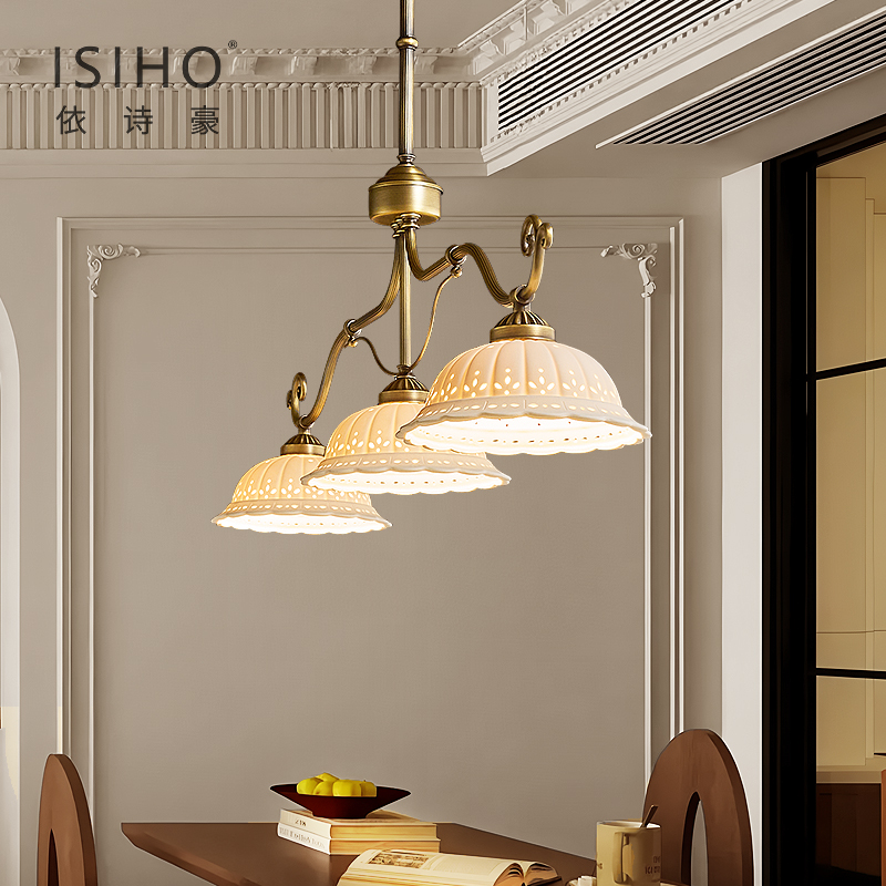 依诗豪 法式全铜中古复古怀旧餐厅吊灯美式长条灯具护眼茶室灯具