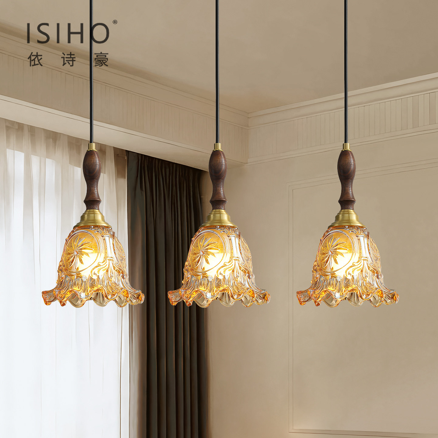 法式中古餐厅灯三头美式复古玻璃吊灯实木餐桌吧台灯床头小吊灯