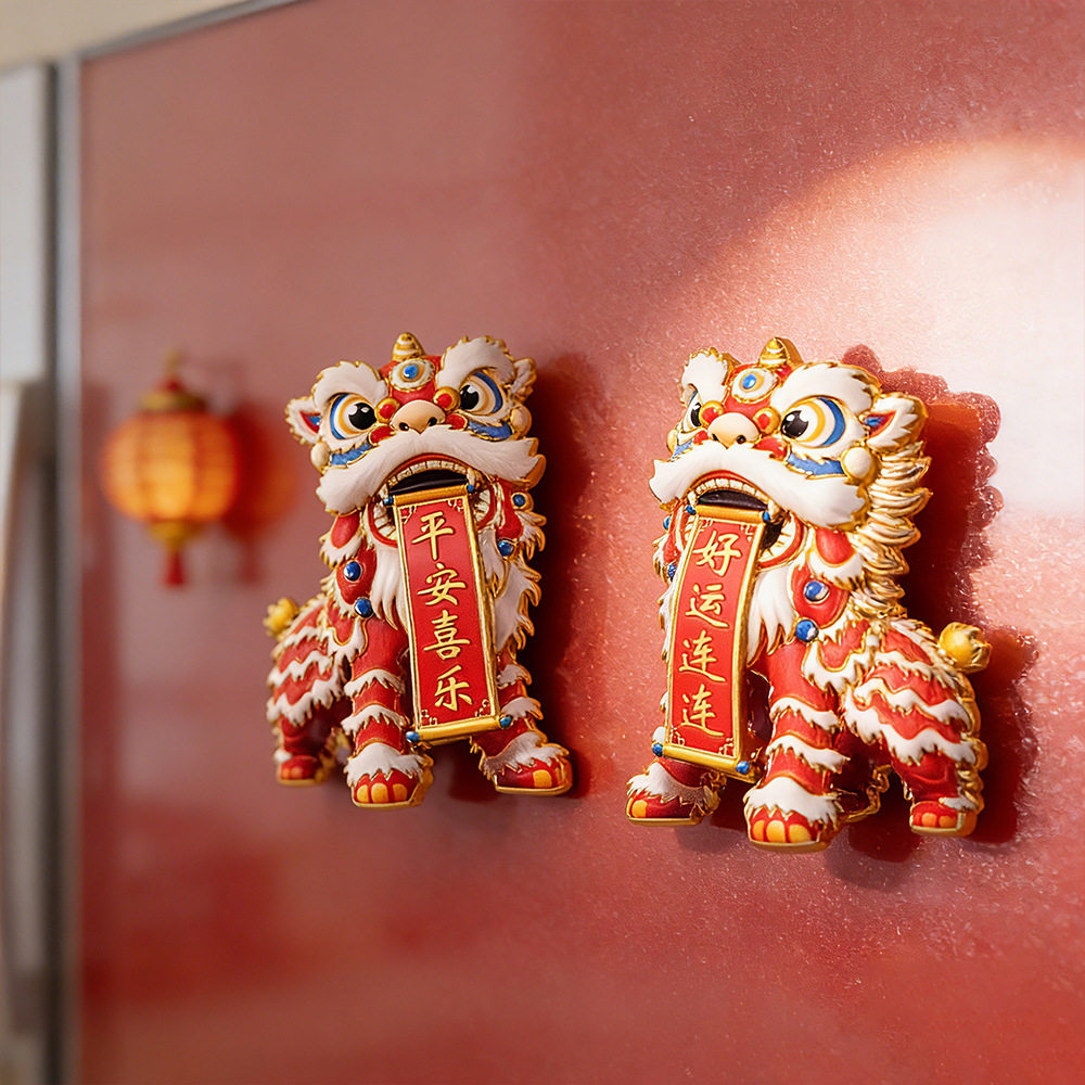 新年喜庆发财醒狮冰箱贴马年可爱装饰国风文创舞狮立体金属磁性贴