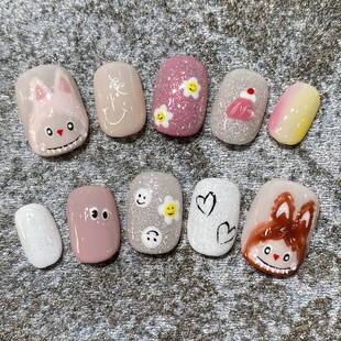 纯手工手绘拉布布穿戴甲美甲片清新可爱儿童可拆卸 糖果梦境