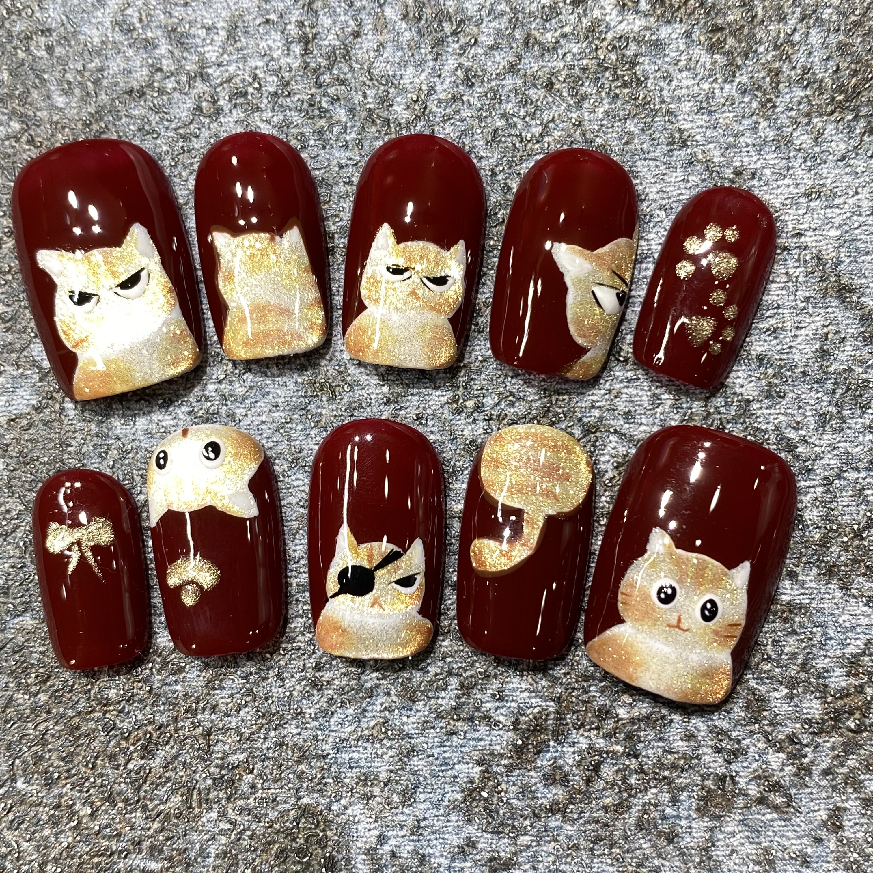 【招财橘猫】纯手工手绘穿戴甲美甲片新年喜庆可拆卸甲片短方圆款