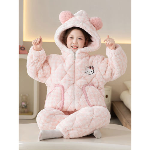 女童睡衣儿童2025新款冬季三层夹棉加厚珊瑚绒冬款好看女孩家居服