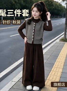 女童运动套装2026春秋新款韩版针织马甲时髦休闲宽松弯刀裤三件套