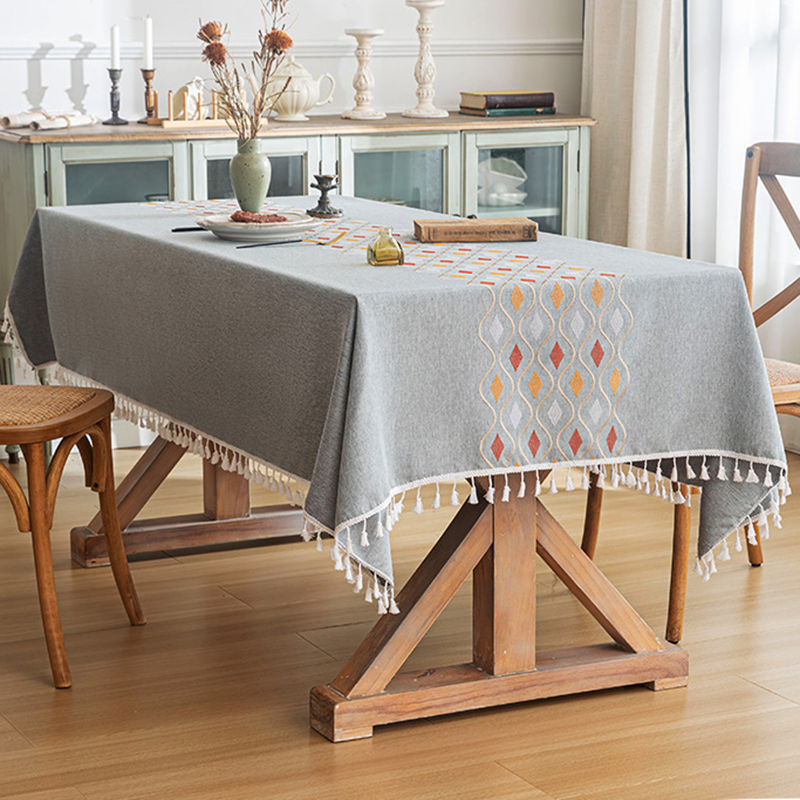 新品菱形刺绣流苏桌布北欧长方形桌布现代简约棉麻家用餐厅茶几布