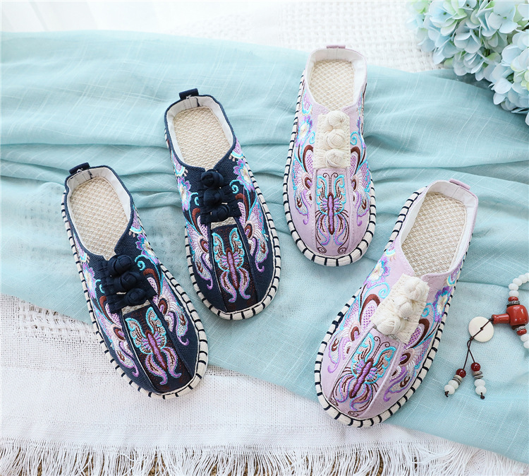 2021新款春夏季成民族帆布棉麻亚麻盘扣中国风千层布底半包女拖鞋