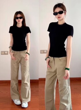 莫代尔黑色短袖t恤女夏季2026新款圆领正肩上衣修身显瘦紧身小个