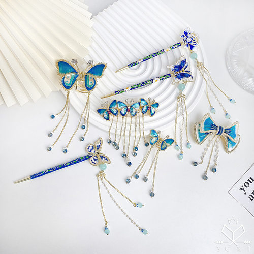 气质珐琅景泰蓝仿古汉服配饰古风发夹古典简约旗袍复古发簪女头饰