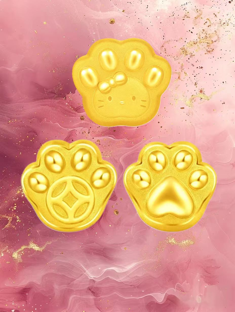 3D硬金猫爪转运珠黄金招财铜钱小爪子手链999足金卡通猫咪吊坠女