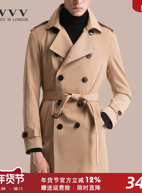 春秋新品英伦男风衣中长款双排扣修身青年男士外套时尚休闲韩版潮