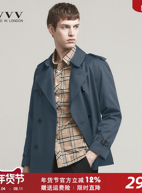 TrenchCoat春秋季潮流短款男士风衣2025新款蓝战壕双排扣英伦外套
