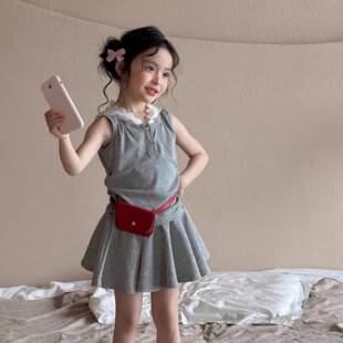 女童休闲韩版裙套装夏季新款连帽无袖卫衣百褶半身裙两件套装