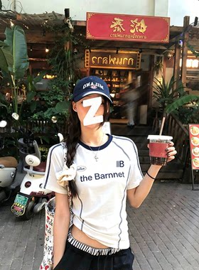 简约拼色领口显瘦女士短袖T恤