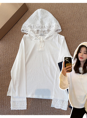 #021020「少女花笺蕾丝帽」韩系！连帽蕾丝拼接女士长袖打底T恤衫