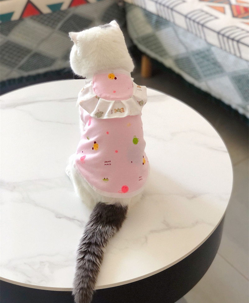 手工春秋夏季薄款宠物衣服纯棉卡通猫咪马甲狗狗居家小背心送围嘴