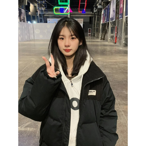 冬季立领灯芯绒拼接撞色宽松大码小个子休闲棉服外套女面包服棉袄