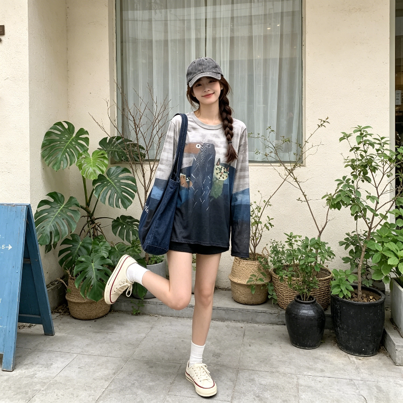 夏季薄款冰丝透气宽松大码慵懒风休闲扎染设计感防晒T恤长袖潮女