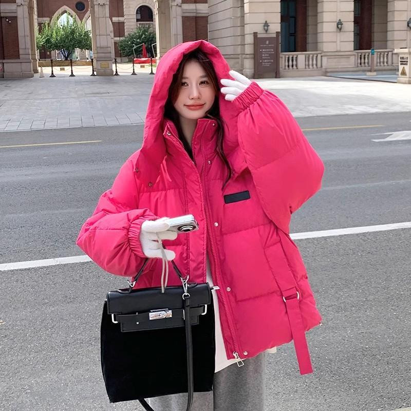 火龙果色冬季连帽慵懒风宽松大码加厚保暖防寒棉服外套女面包服潮