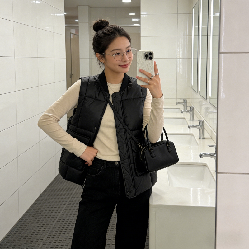 欧货免洗亮面设计感立领无袖坎肩宽松大码小个子棉服马夹外套女潮